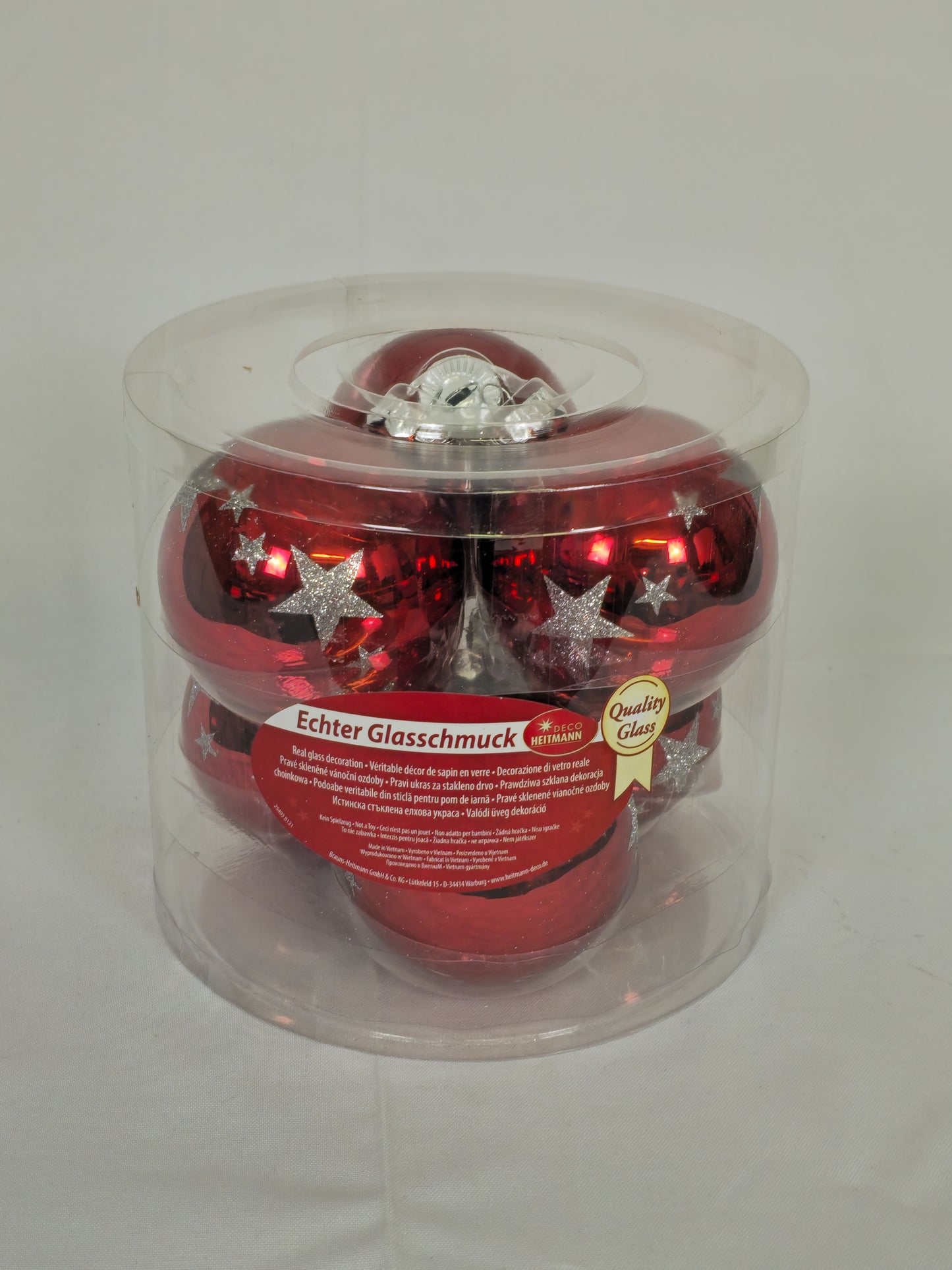 Set mit 6 roten Weihnachtskugeln mit weißen Sternen